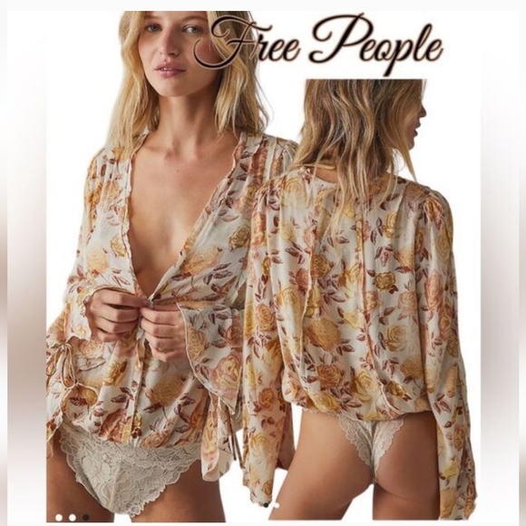 Free People Floral Bodysuit Large  Romantic Bell Sleeve | Western Gothic Nwot - Picture 3 of 17